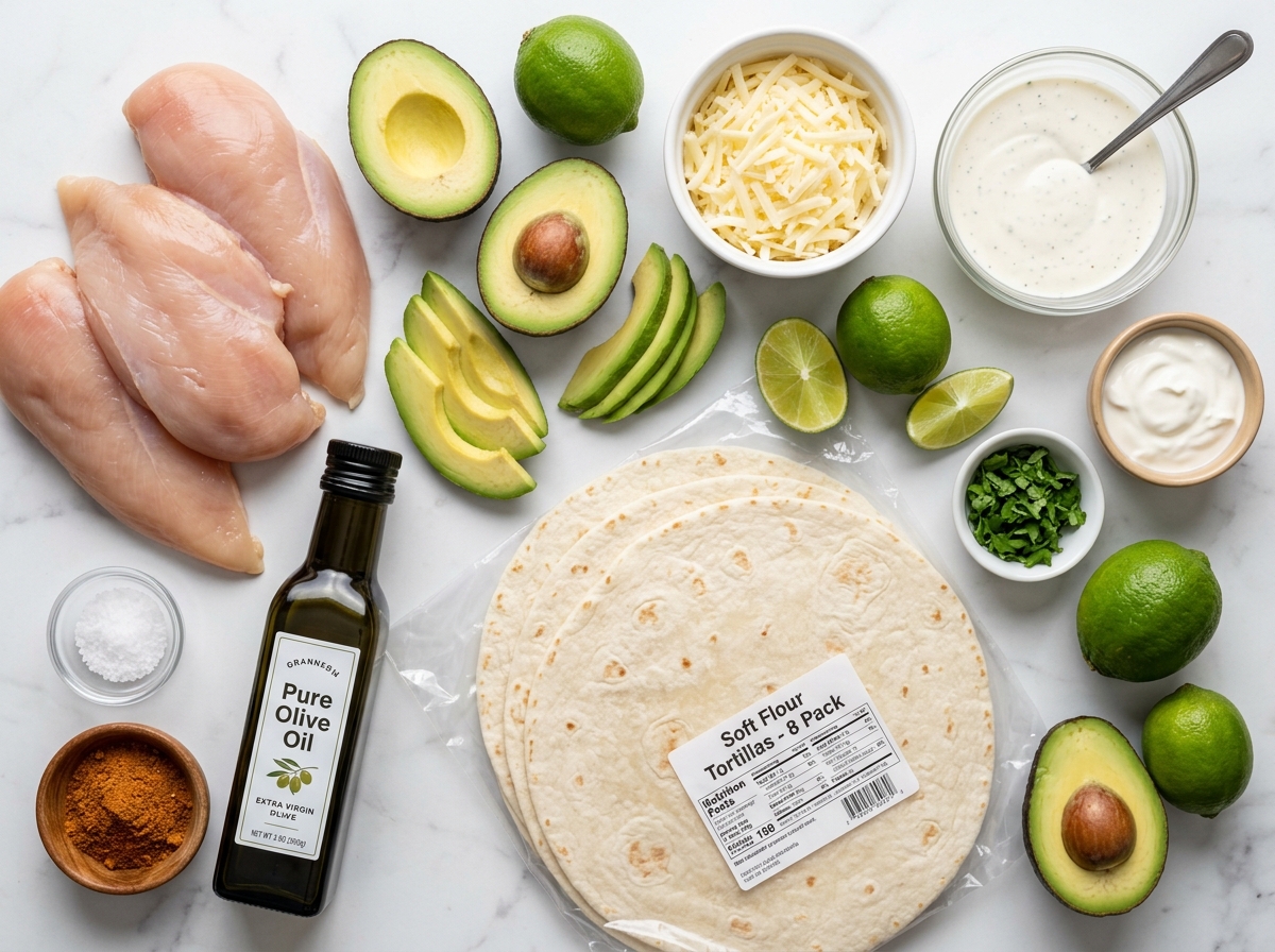 Ingredients for chicken avocado ranch burritos with lime and cilantro