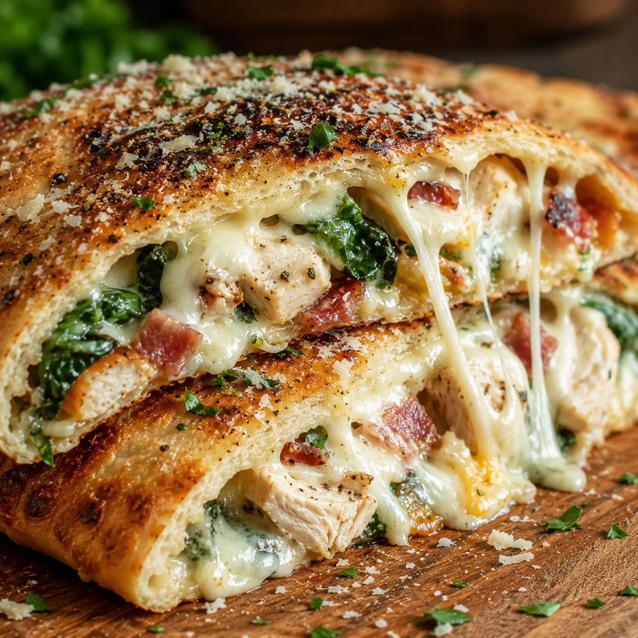 Chicken bacon ranch calzone sliced open with melted cheese and spinach