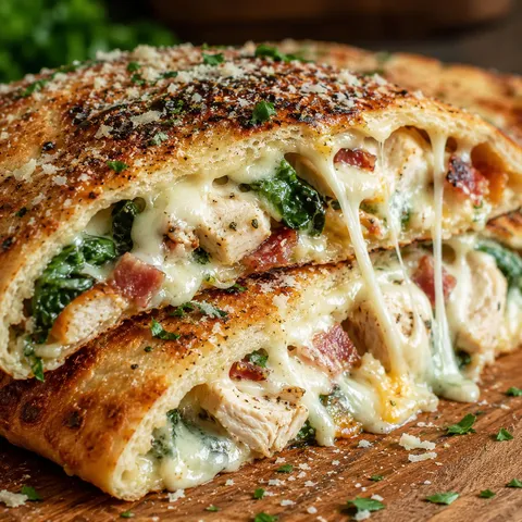 Chicken bacon ranch calzone sliced open with melted cheese and spinach
