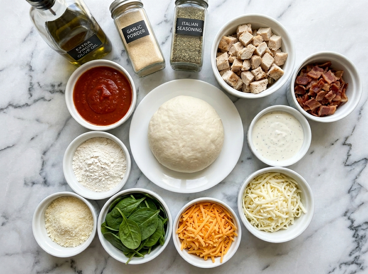 Ingredients for chicken bacon ranch calzone on a wooden counter