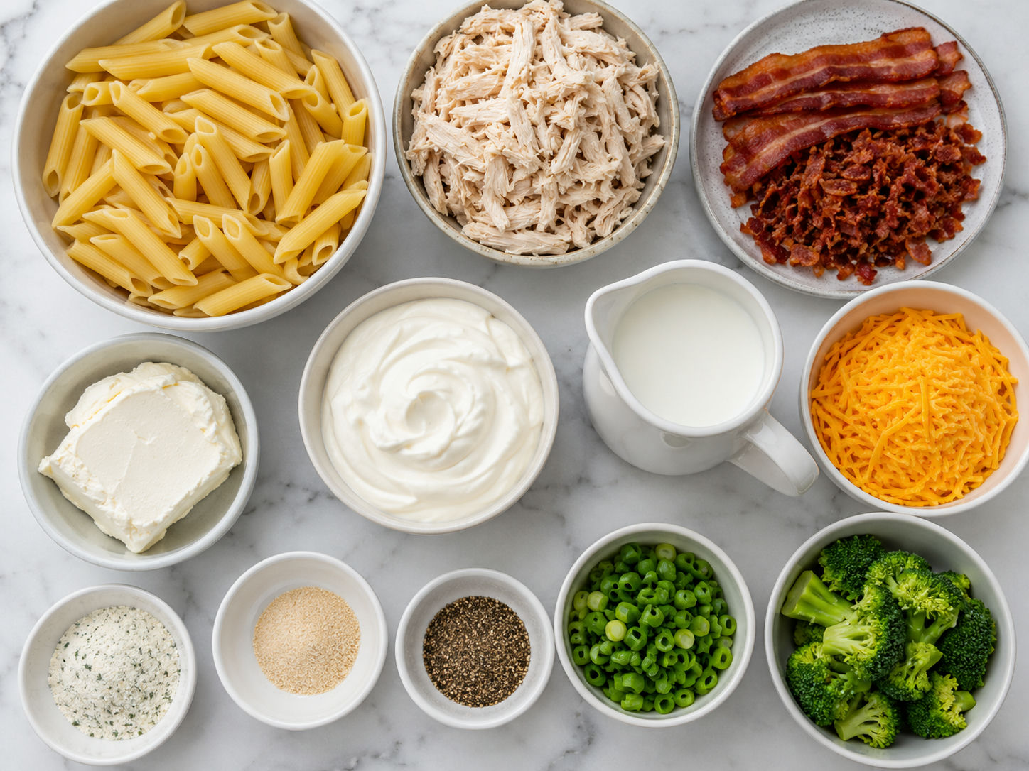 Ingredients for chicken bacon ranch casserole with pasta and cheddar
