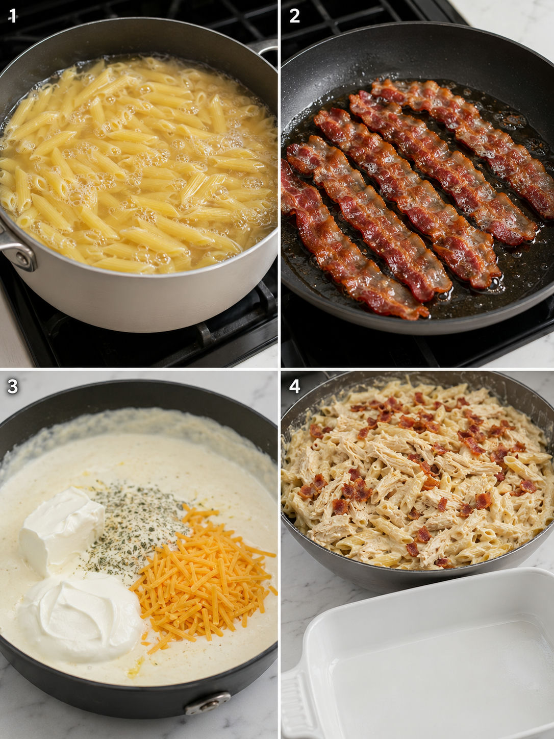 Four cooking steps for chicken bacon ranch casserole