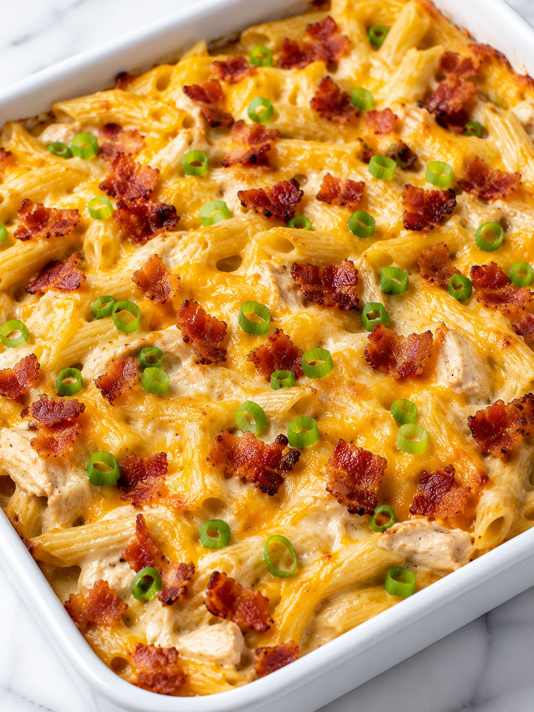 Creamy chicken bacon ranch casserole with melted cheddar and bacon