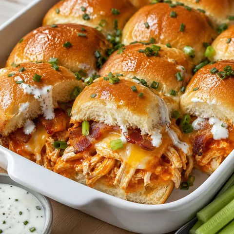 Buffalo chicken bacon ranch sliders with melted cheese and green onions