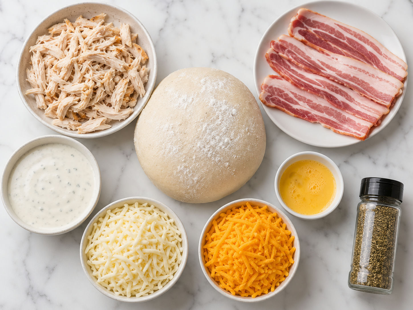 Raw ingredients for chicken bacon ranch stromboli on a marble surface