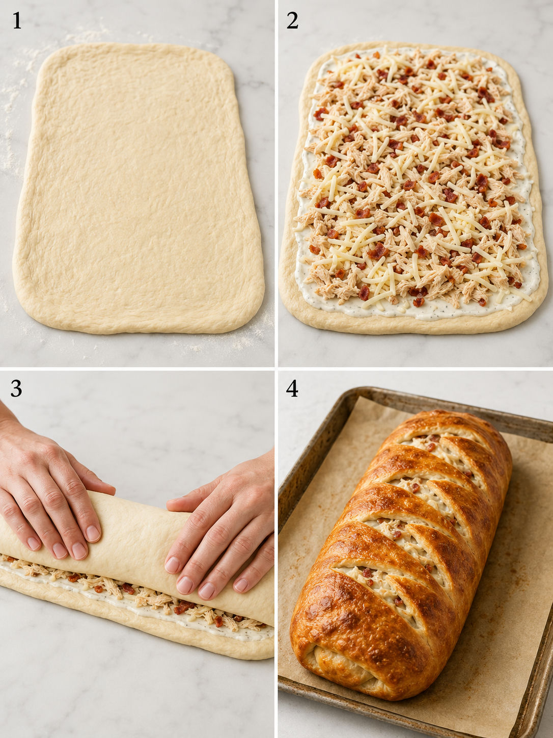 Four steps of making chicken bacon ranch stromboli from rolling dough to baked golden loaf