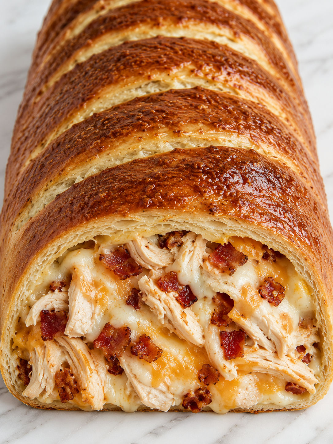Sliced chicken bacon ranch stromboli cross-section with melted cheese, bacon, and golden crust