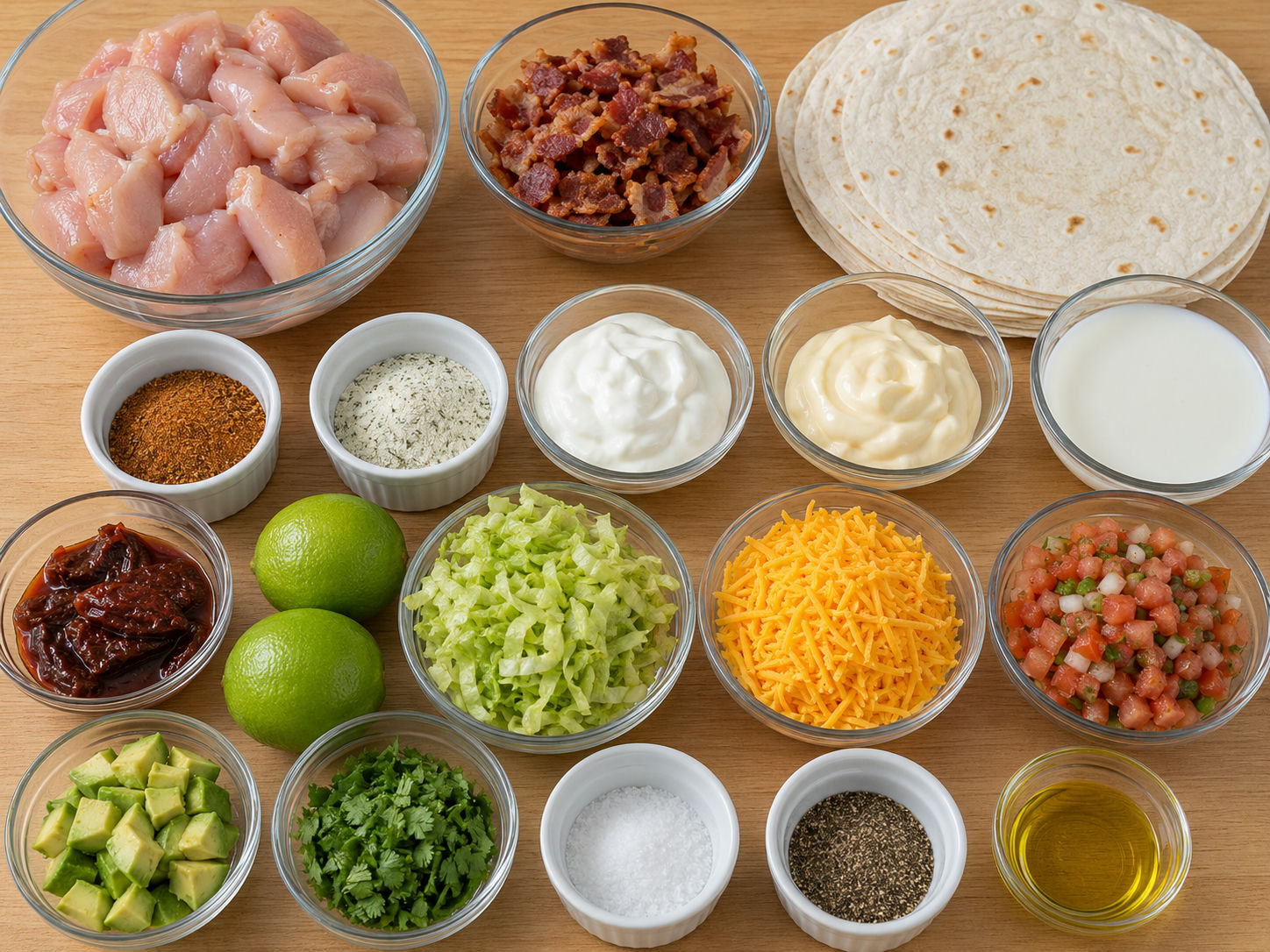Ingredients for chicken bacon ranch tacos with chipotle ranch on a wood counter