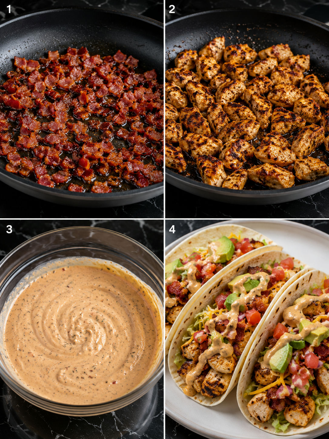 Four cooking steps for chicken bacon ranch tacos with chipotle ranch