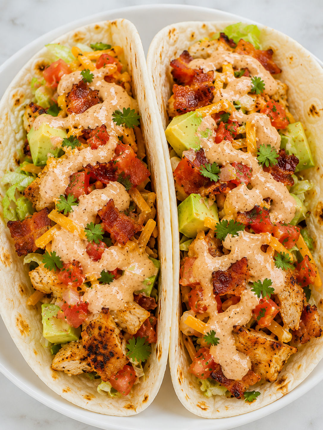 Loaded chicken bacon ranch tacos with chipotle ranch and fresh toppings