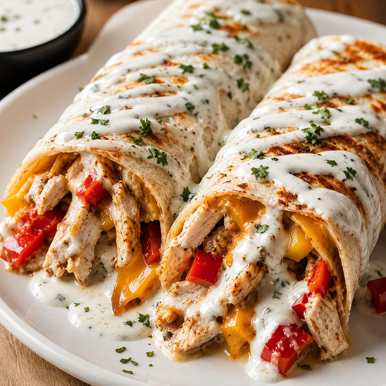 Toasted chicken bell pepper ranch burritos with cheddar and herbs