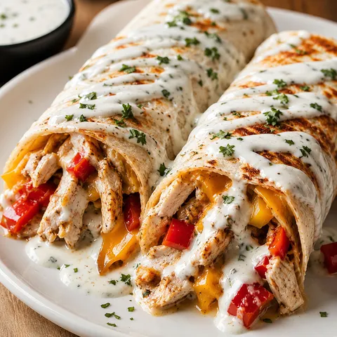 Toasted chicken bell pepper ranch burritos with cheddar and herbs