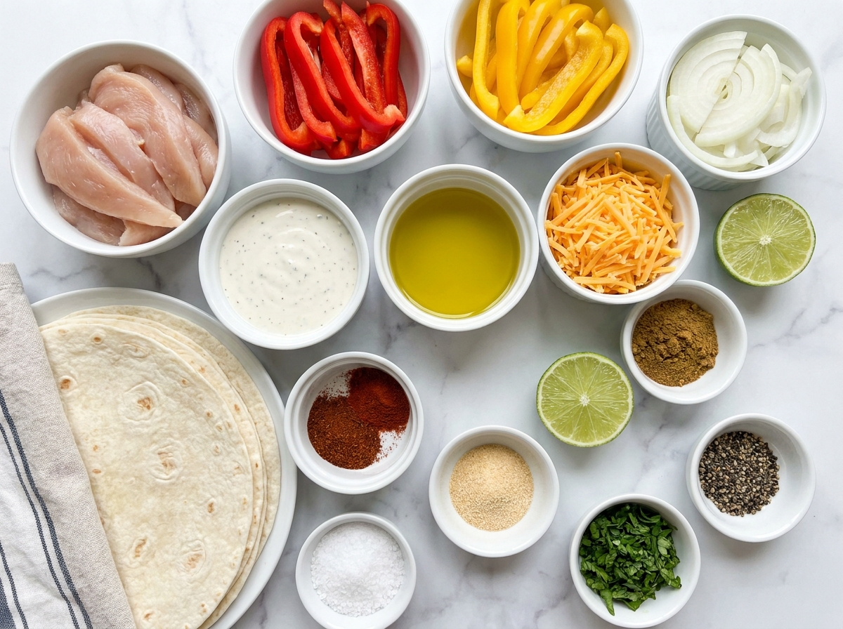Chicken, bell peppers, cheddar, ranch, and tortillas for burritos