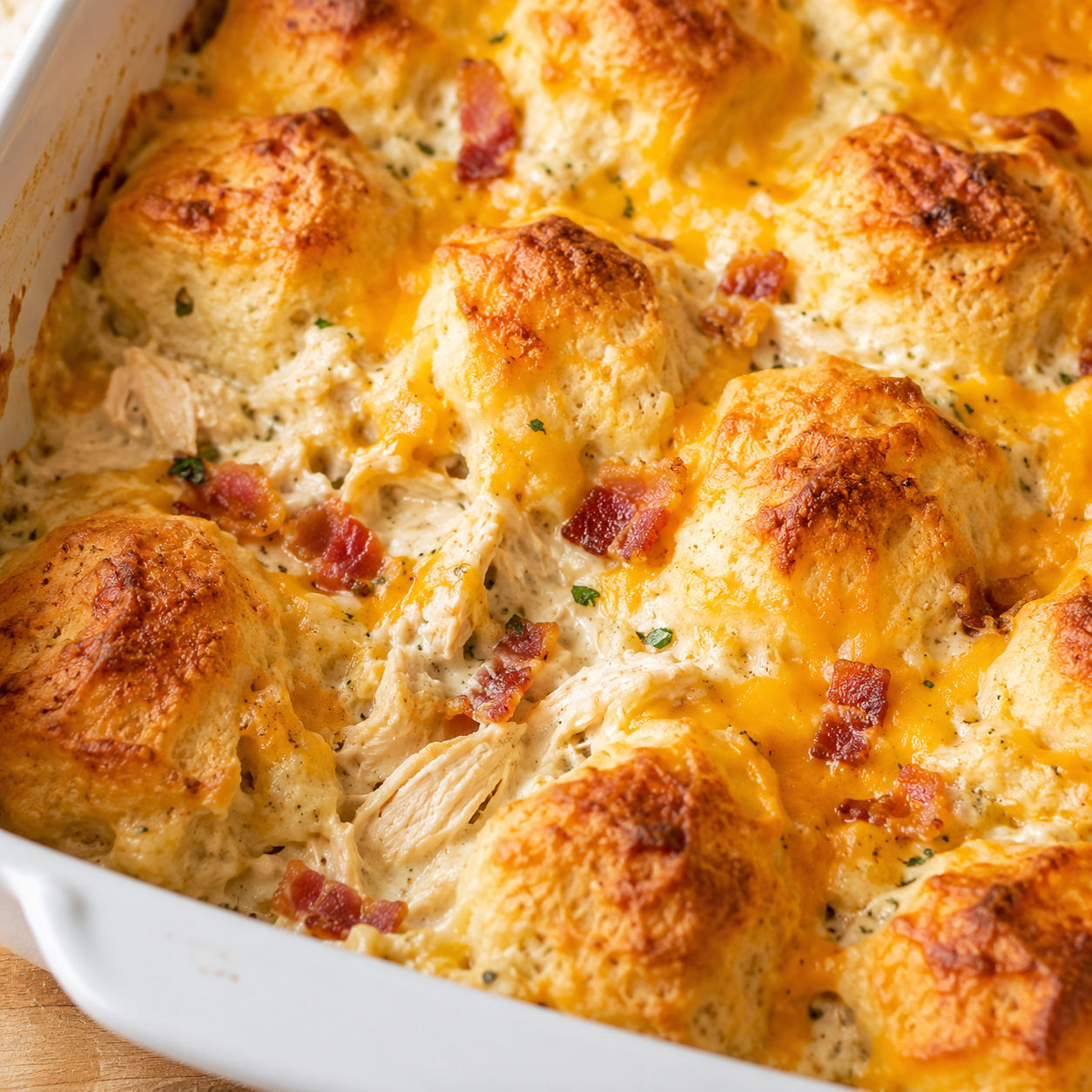 Chicken bubble biscuit bake casserole with golden biscuits and melted cheese in a white baking dish