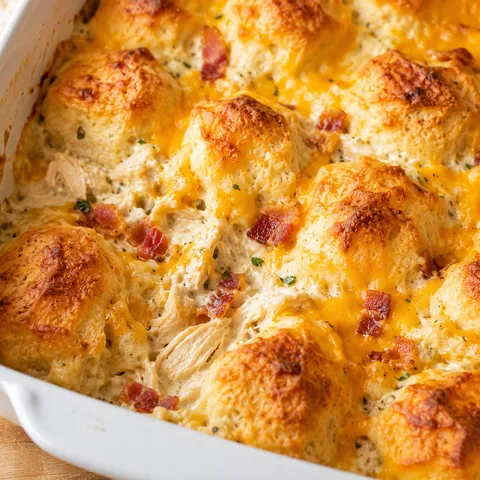 Chicken bubble biscuit bake casserole with golden biscuits and melted cheese in a white baking dish