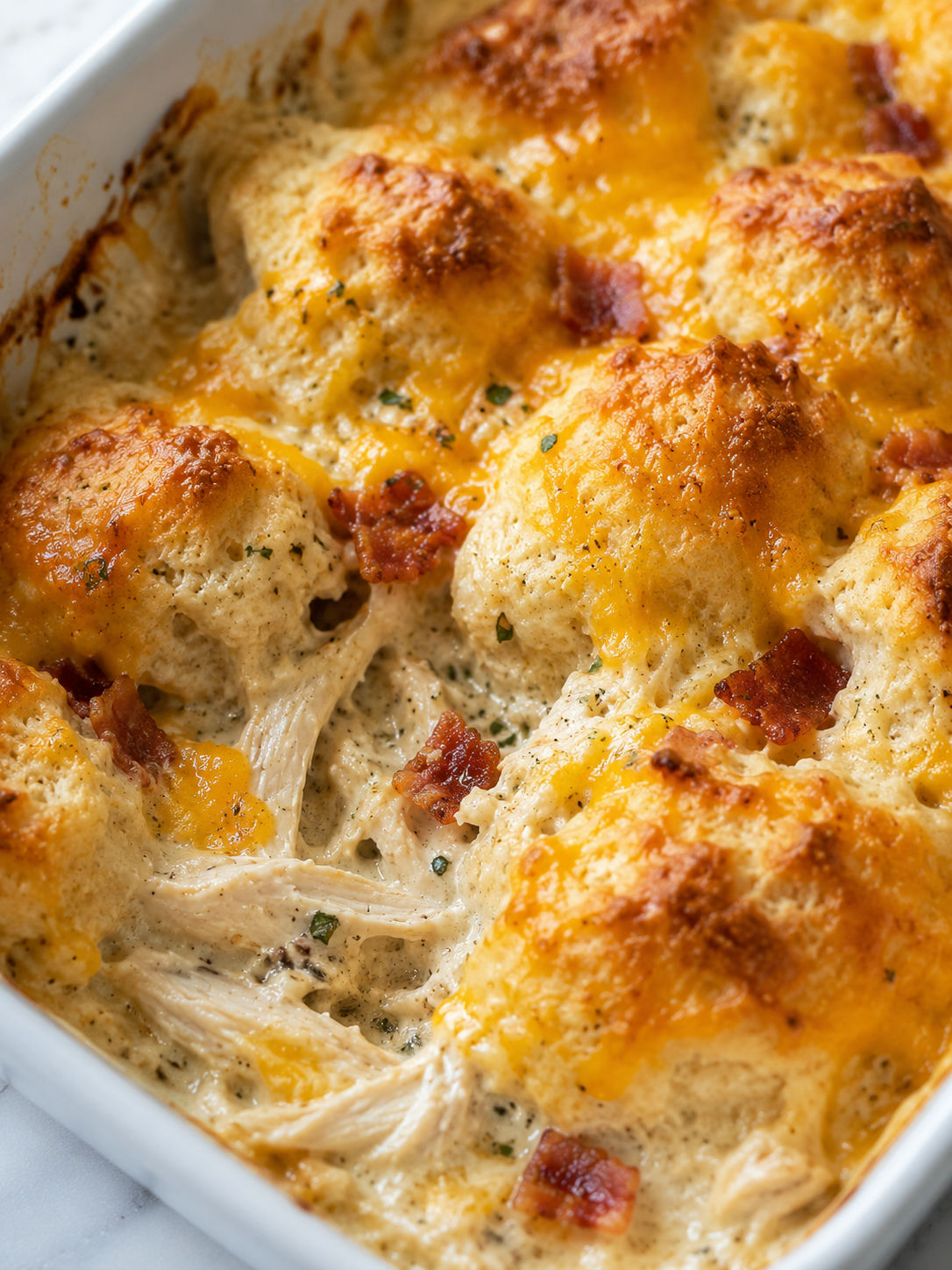 Chicken Bubble Biscuit Bake Casserole, plated and served