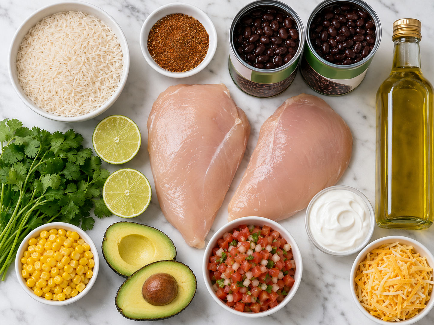 Raw ingredients for chicken burrito bowl including chicken, rice, black beans, avocado, and spices