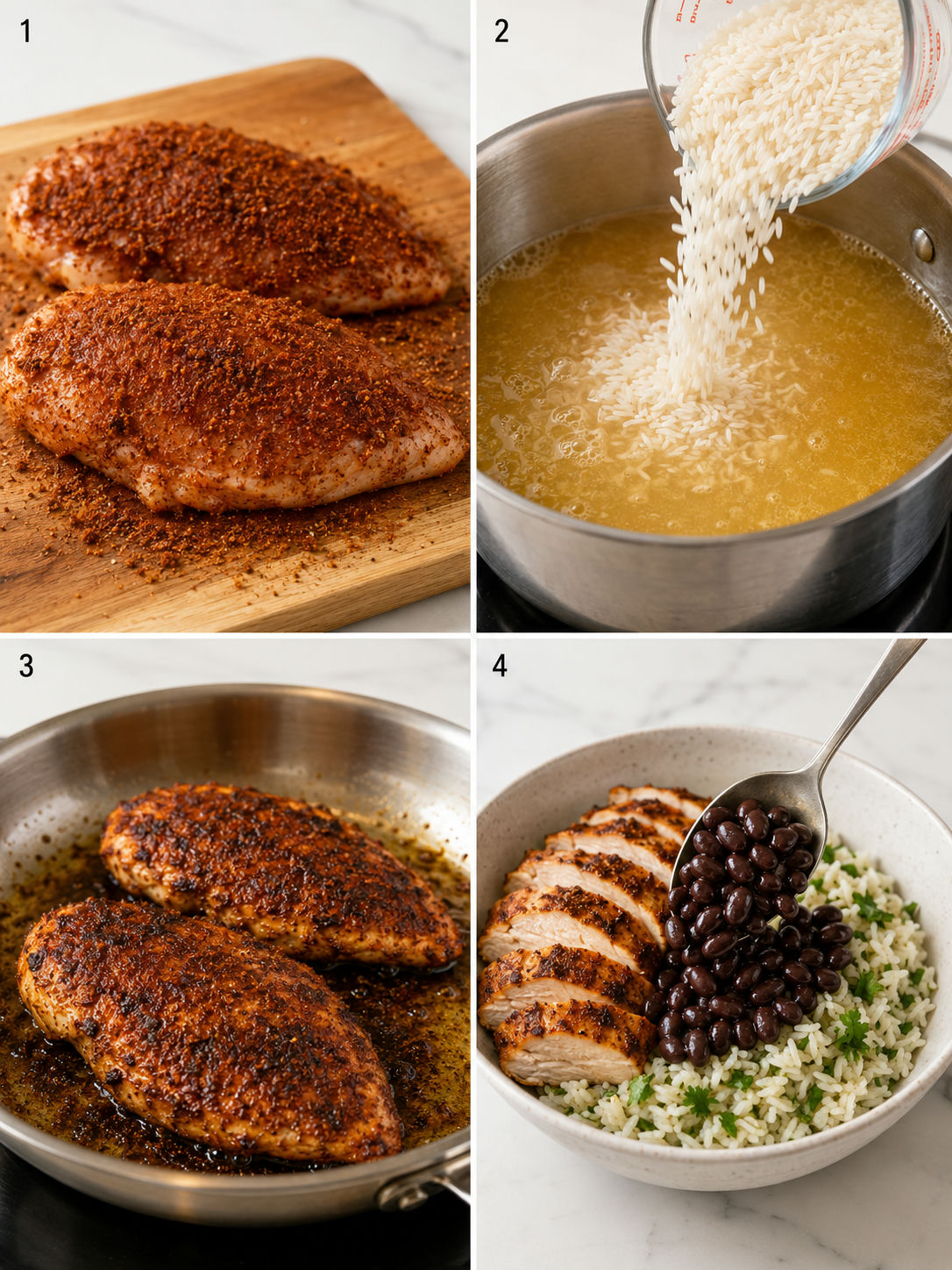 Four cooking steps for chicken burrito bowl from seasoning chicken to assembling toppings
