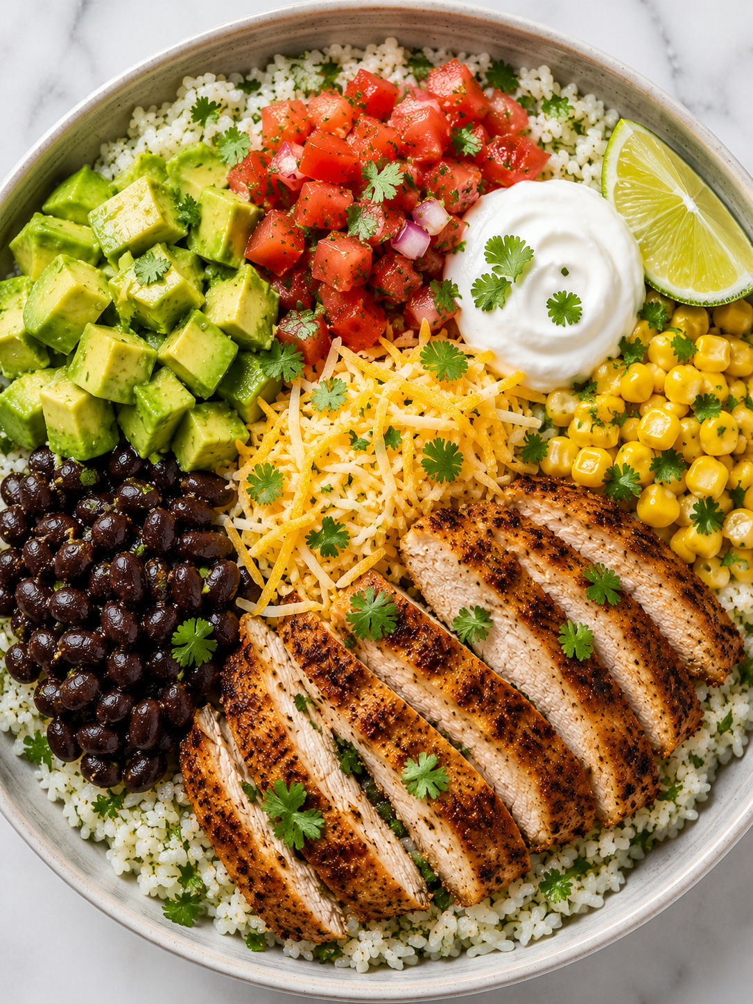 Overhead chicken burrito bowl with rice, beans, avocado, corn, and pico de gallo