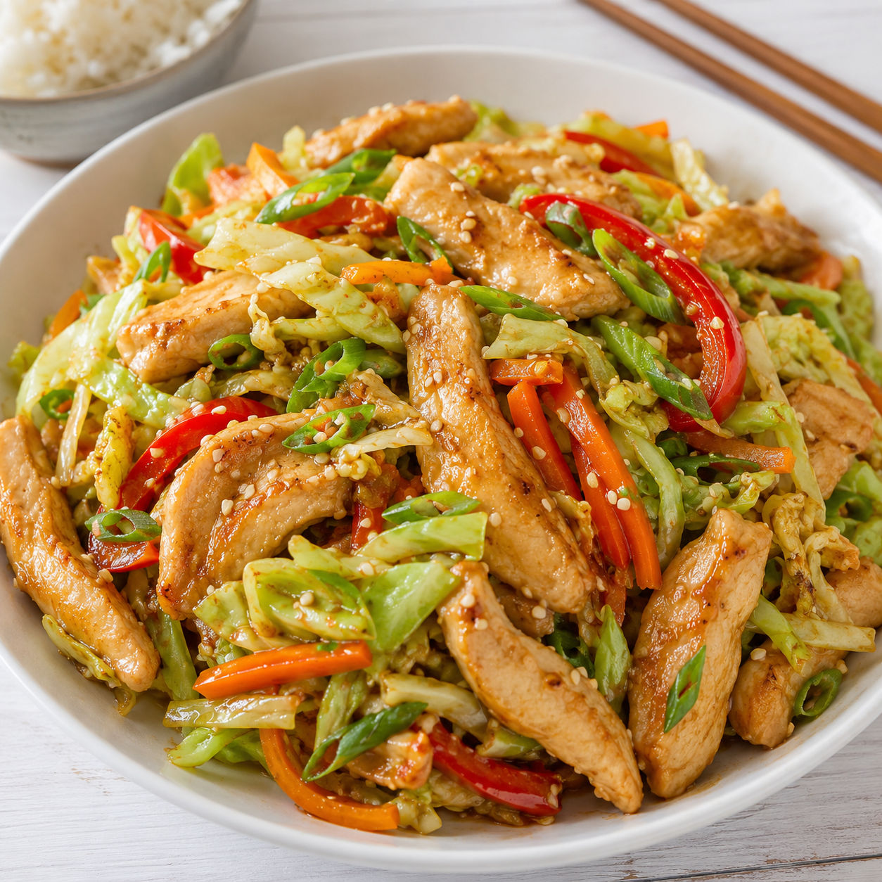 Chicken cabbage stir-fry with carrots, peppers, green onions, and sesame seeds