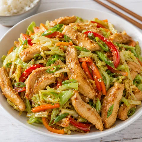 Chicken cabbage stir-fry with carrots, peppers, green onions, and sesame seeds