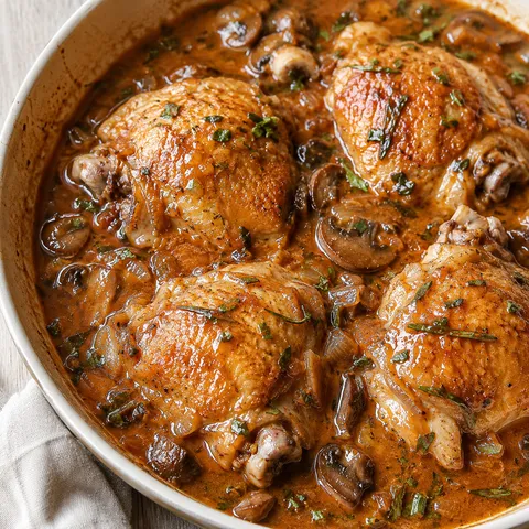 Chicken chasseur with mushrooms and herbs in a glossy cognac sauce