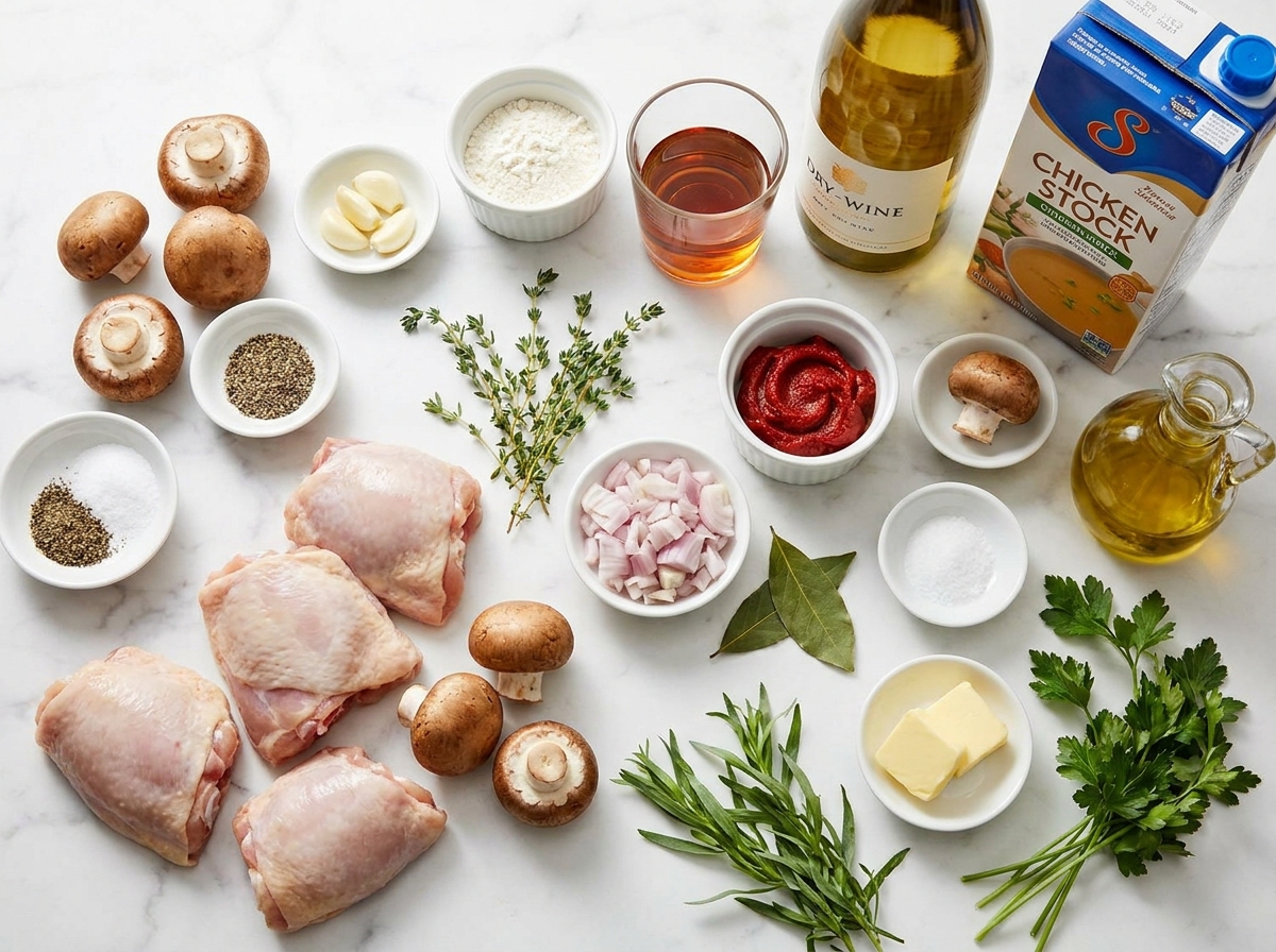 Ingredients for chicken chasseur with mushrooms, herbs, cognac, and wine