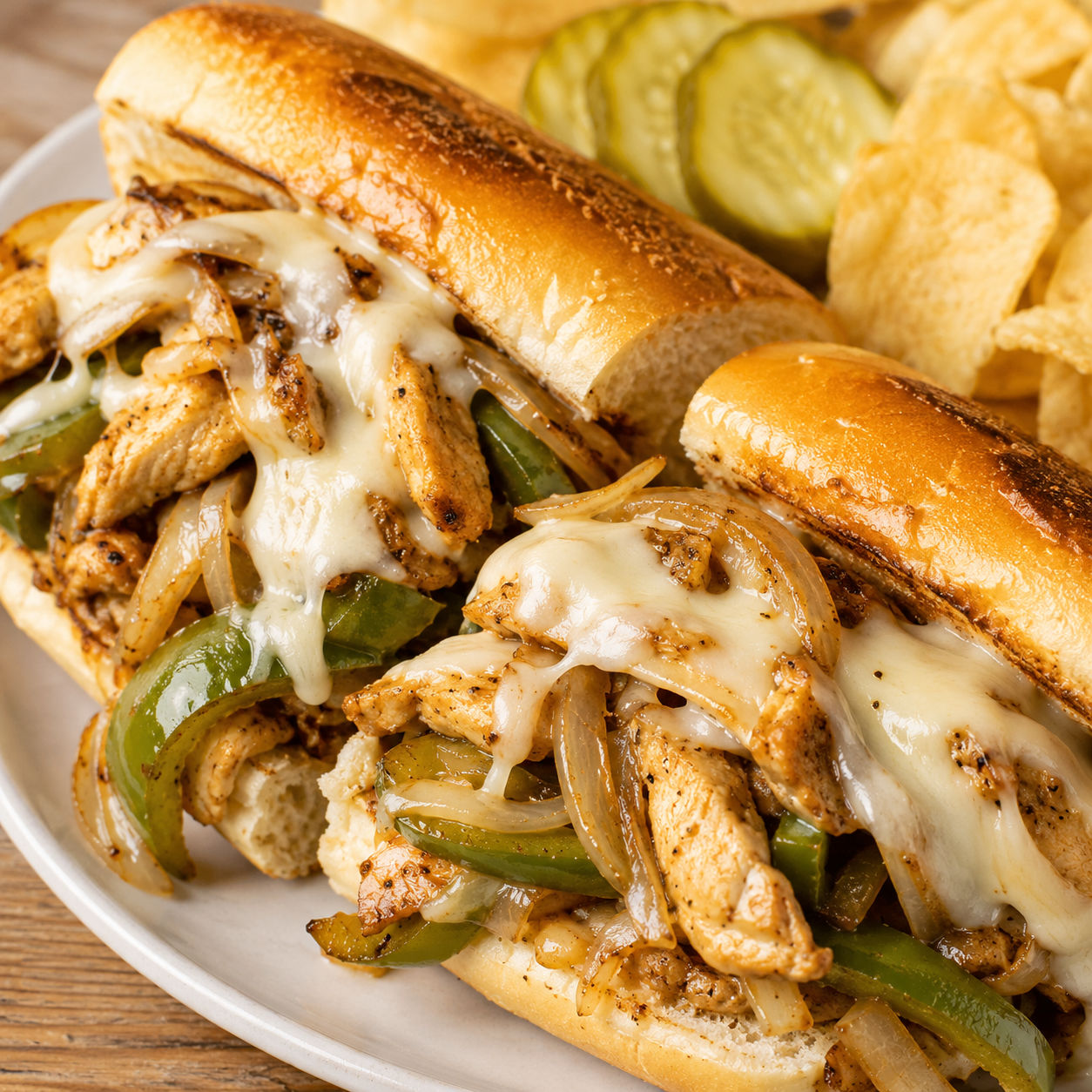 Chicken cheese steak sandwich with peppers, onions, and melted provolone