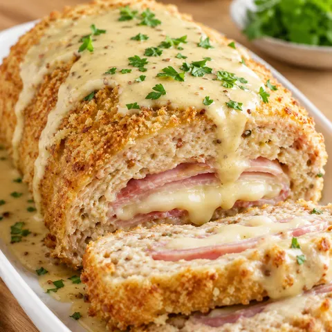 Chicken Cordon Bleu Meatloaf slices with ham, Swiss, and Dijon sauce