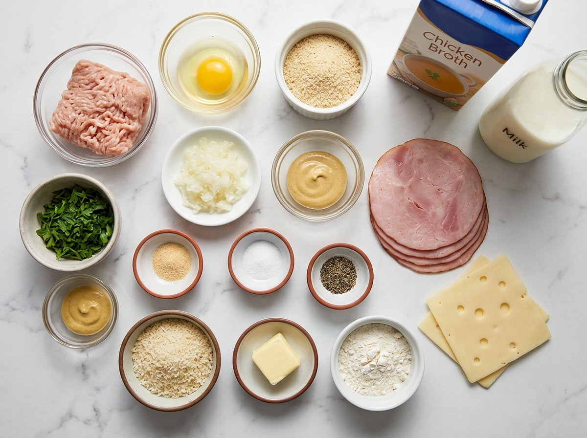 Ingredients for Chicken Cordon Bleu Meatloaf with ham and Swiss cheese