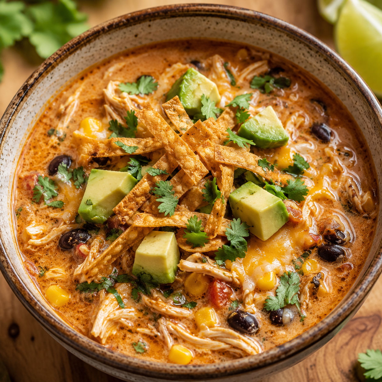 Creamy chicken enchilada soup with avocado, cilantro, and tortilla strips in a rustic bowl