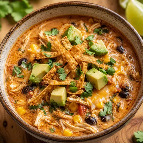 Creamy chicken enchilada soup with avocado, cilantro, and tortilla strips in a rustic bowl