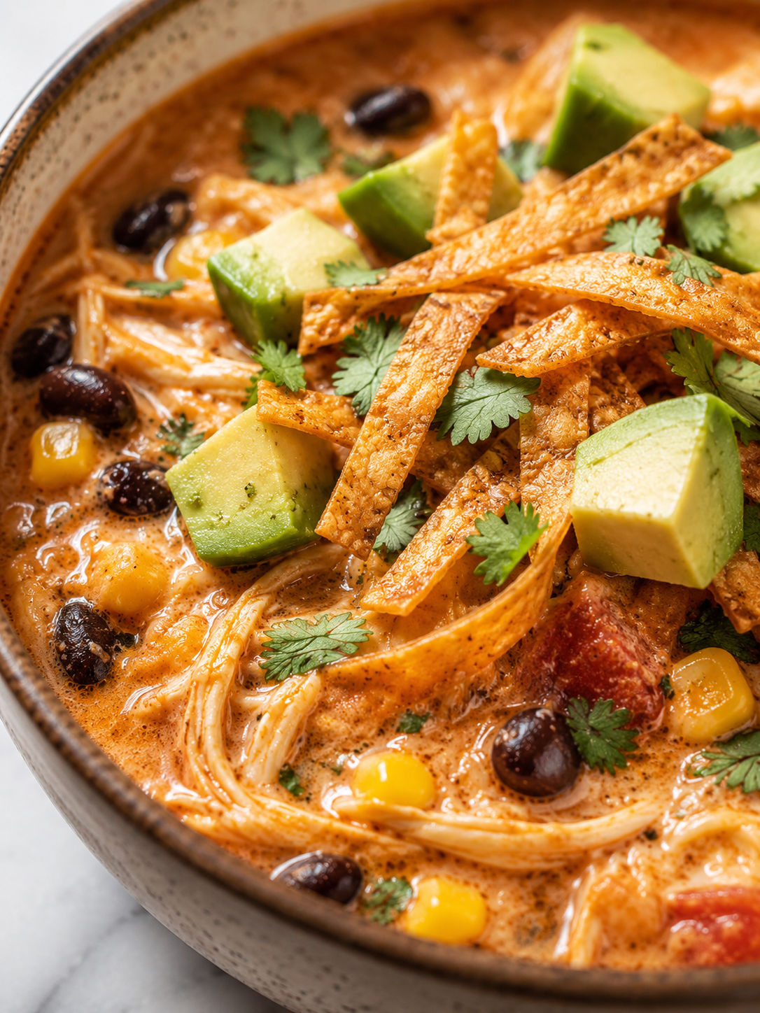 Chicken Enchilada Soup, plated and served