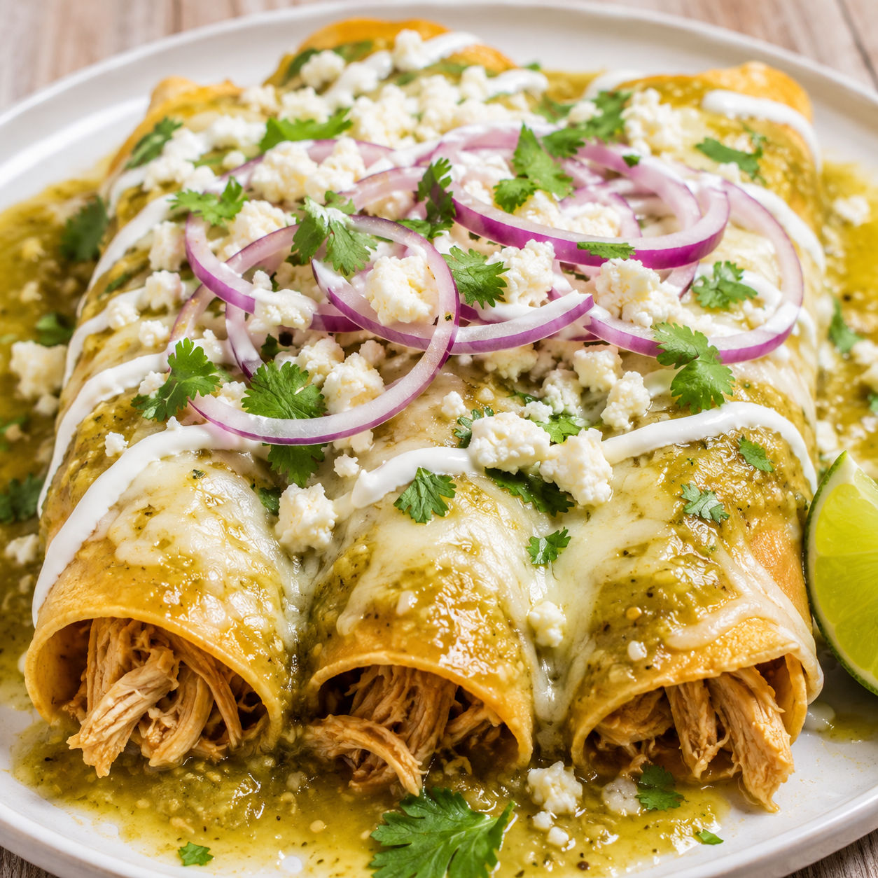 Chicken enchiladas with salsa verde, queso fresco, red onion, and cilantro