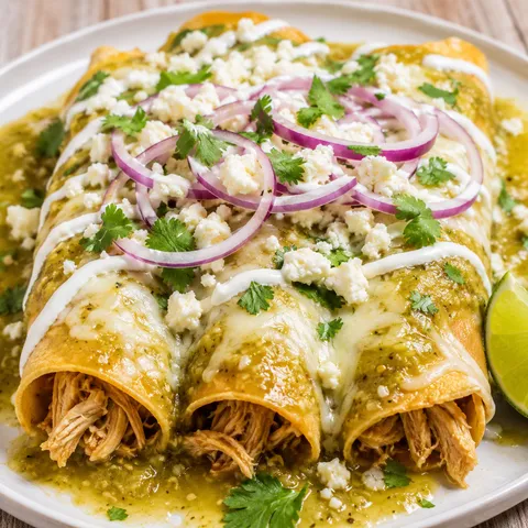 Chicken enchiladas with salsa verde, queso fresco, red onion, and cilantro
