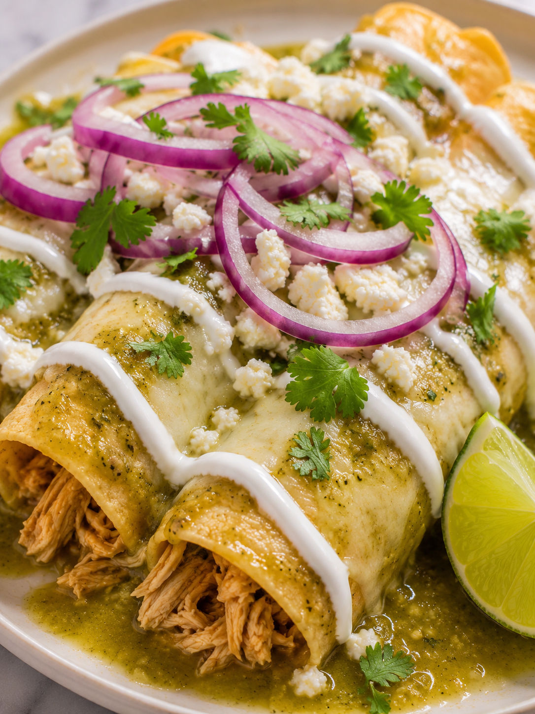 Chicken Enchiladas with Salsa Verde, plated and served