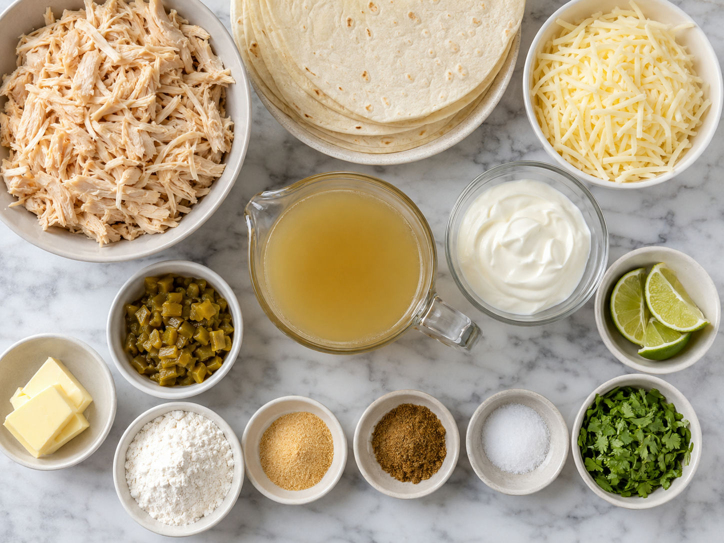 Ingredients for white chicken enchiladas with sour cream sauce