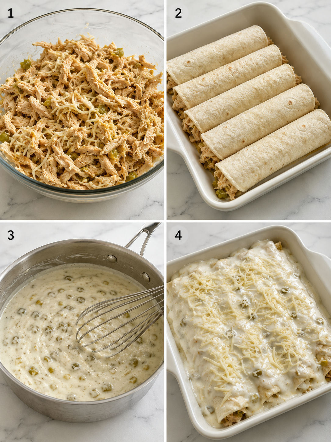 Four steps for making chicken enchiladas with white sauce