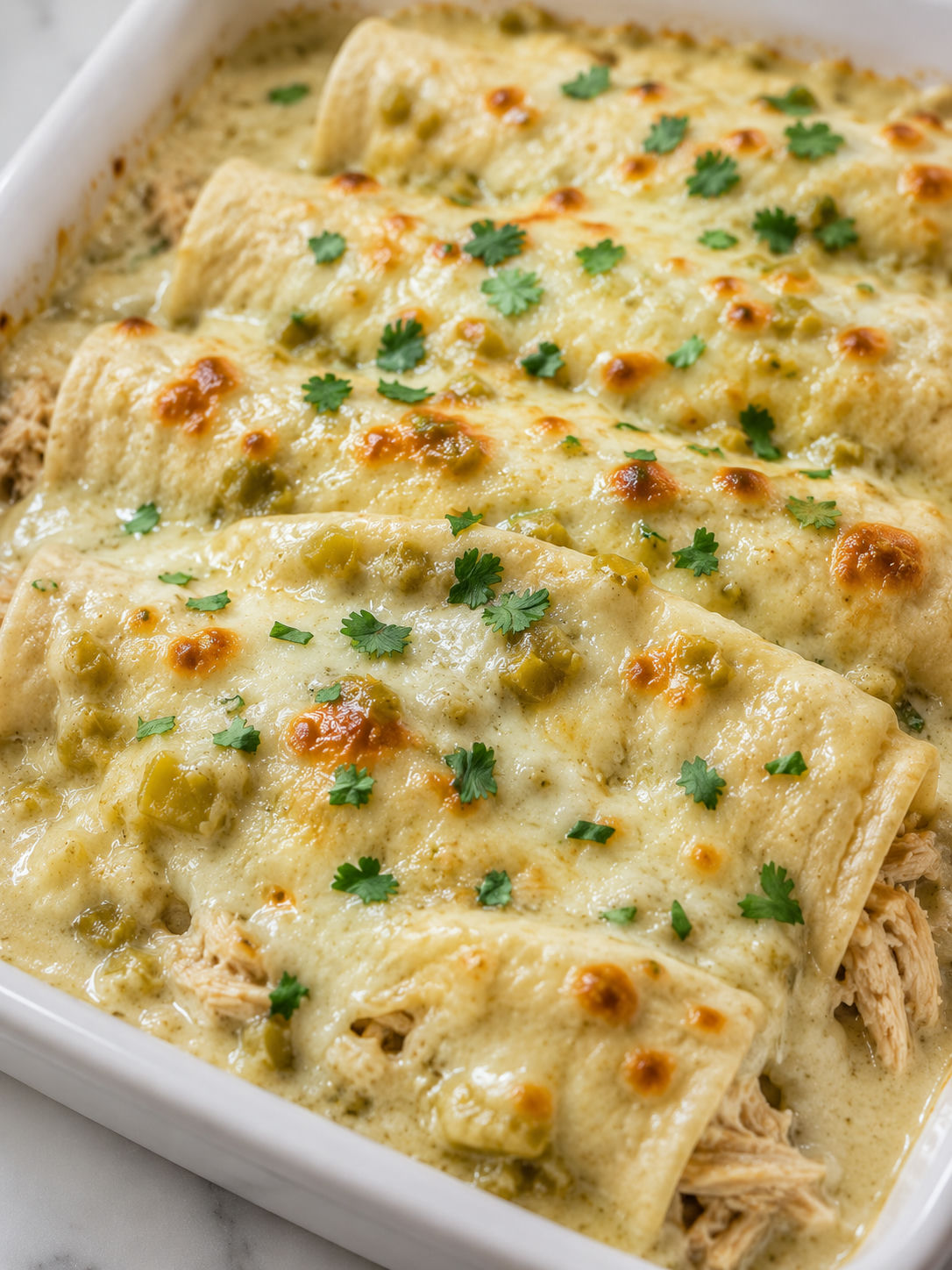 Creamy white chicken enchiladas with melted cheese and cilantro