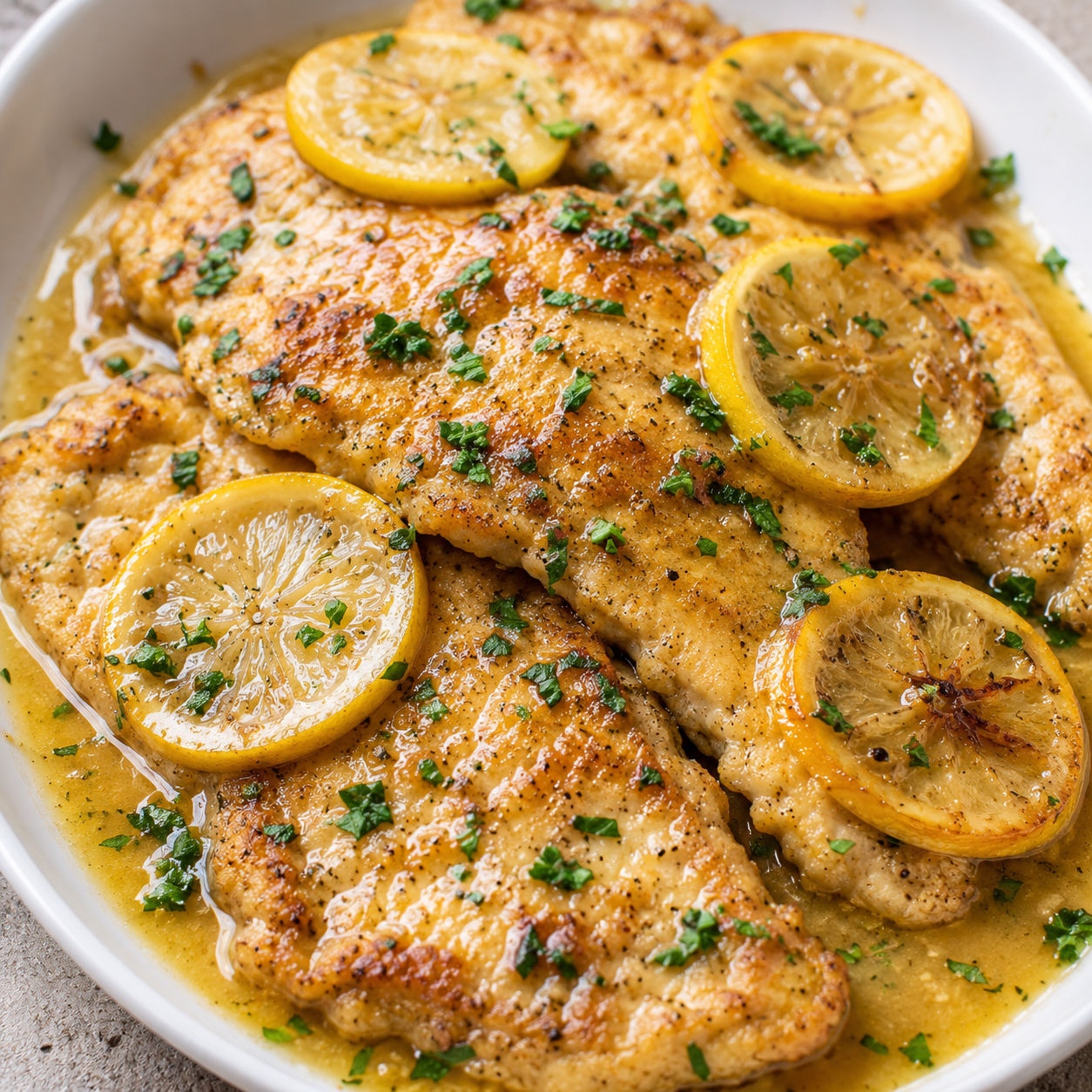 Chicken Francese with lemon slices and parsley in a buttery sauce