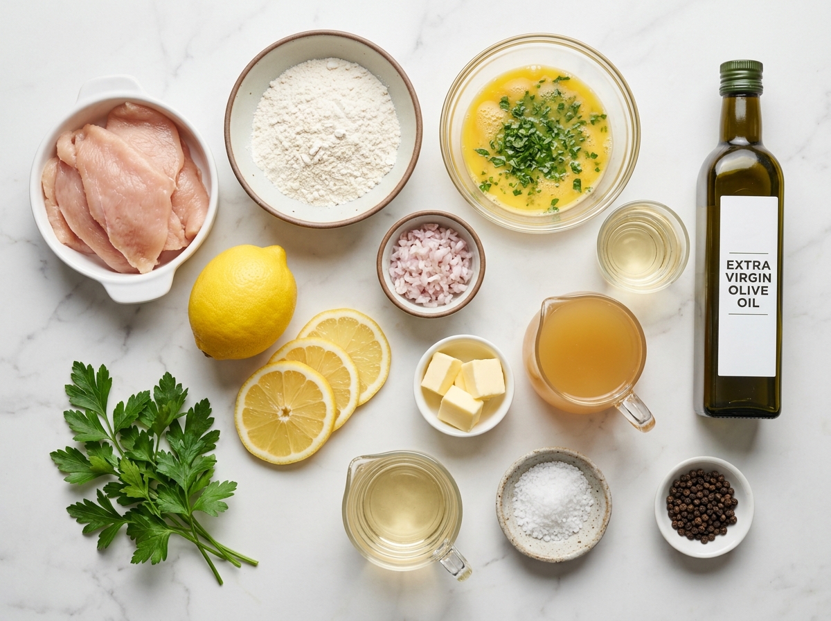 Chicken Francese ingredients with cutlets, lemon, eggs, flour, butter, and parsley