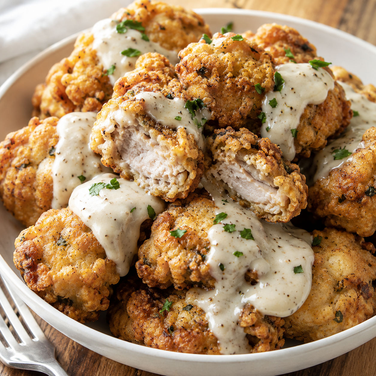 Crispy chicken fried steak bites piled in a bowl with country gravy