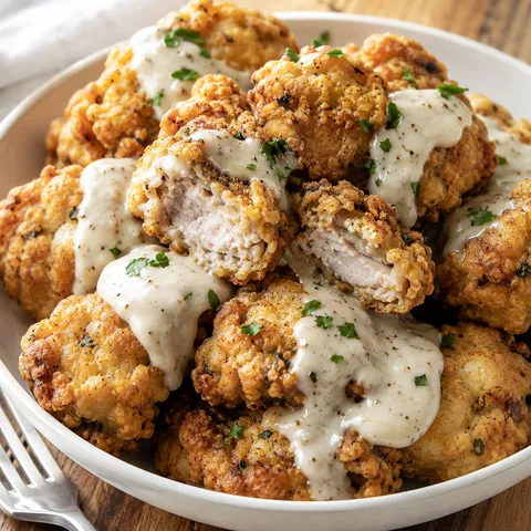 Crispy chicken fried steak bites piled in a bowl with country gravy