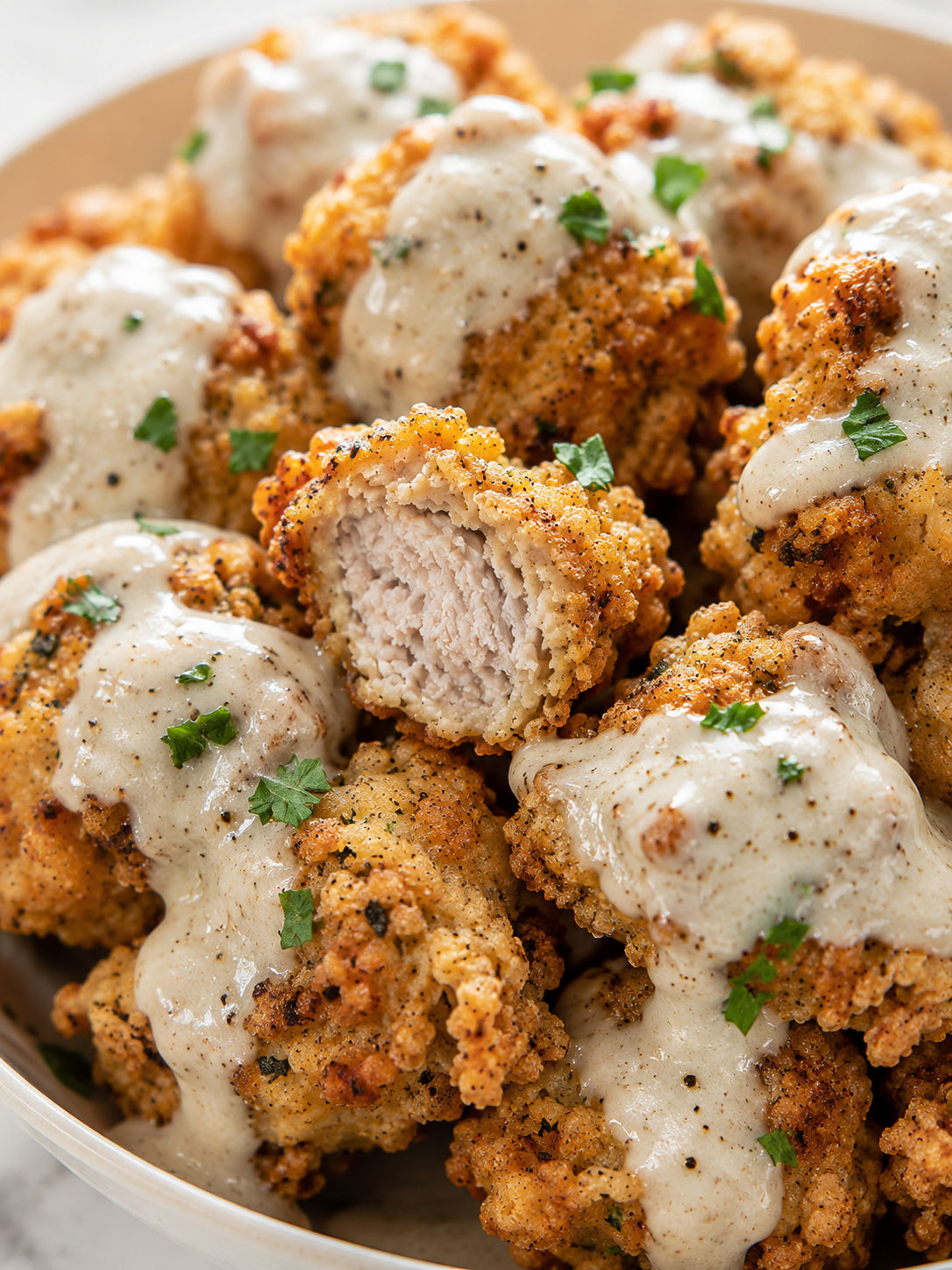 Chicken Fried Steak Bites, plated and served