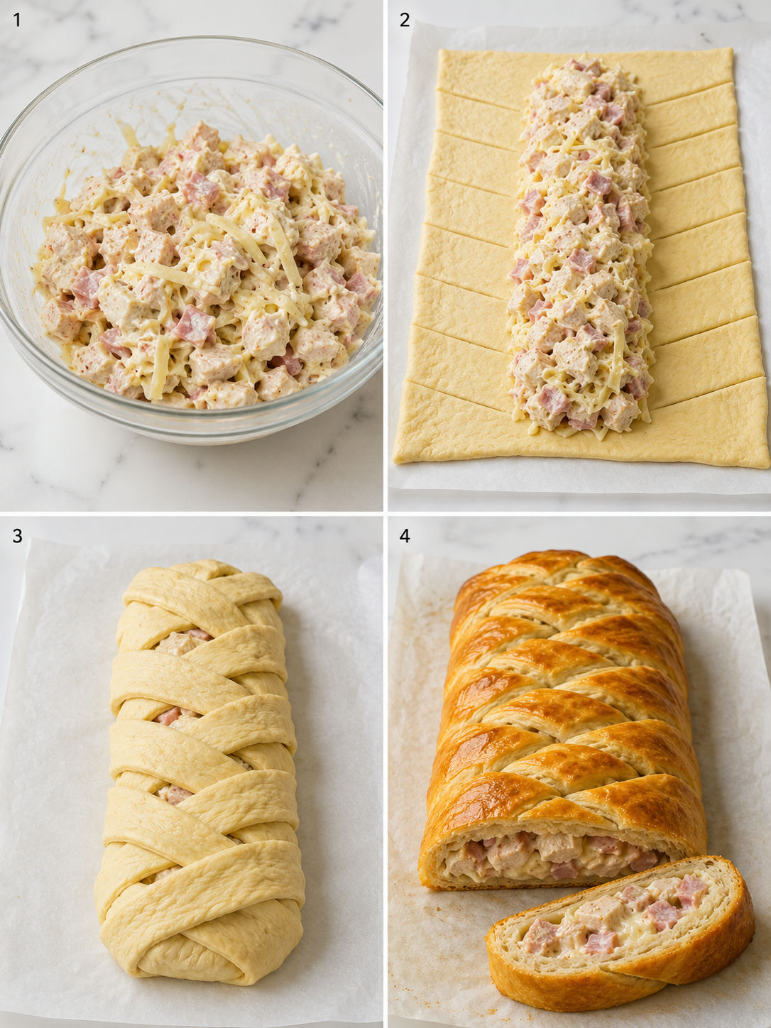 Four steps for making a chicken ham Swiss crescent braid