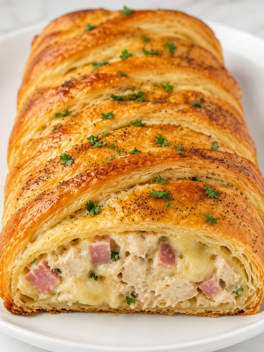 Golden chicken ham Swiss crescent braid with melted cheese filling