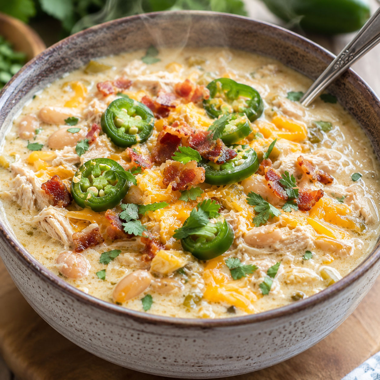 Bowl of creamy chicken jalapeño popper chili topped with bacon and jalapeños