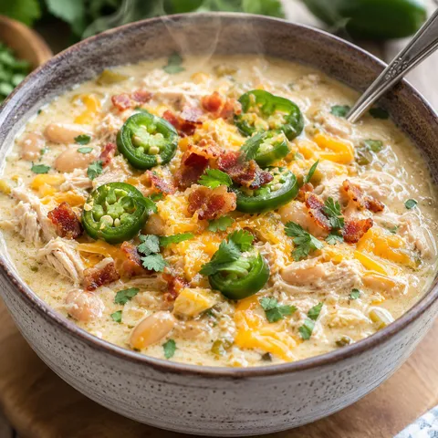 Bowl of creamy chicken jalapeño popper chili topped with bacon and jalapeños