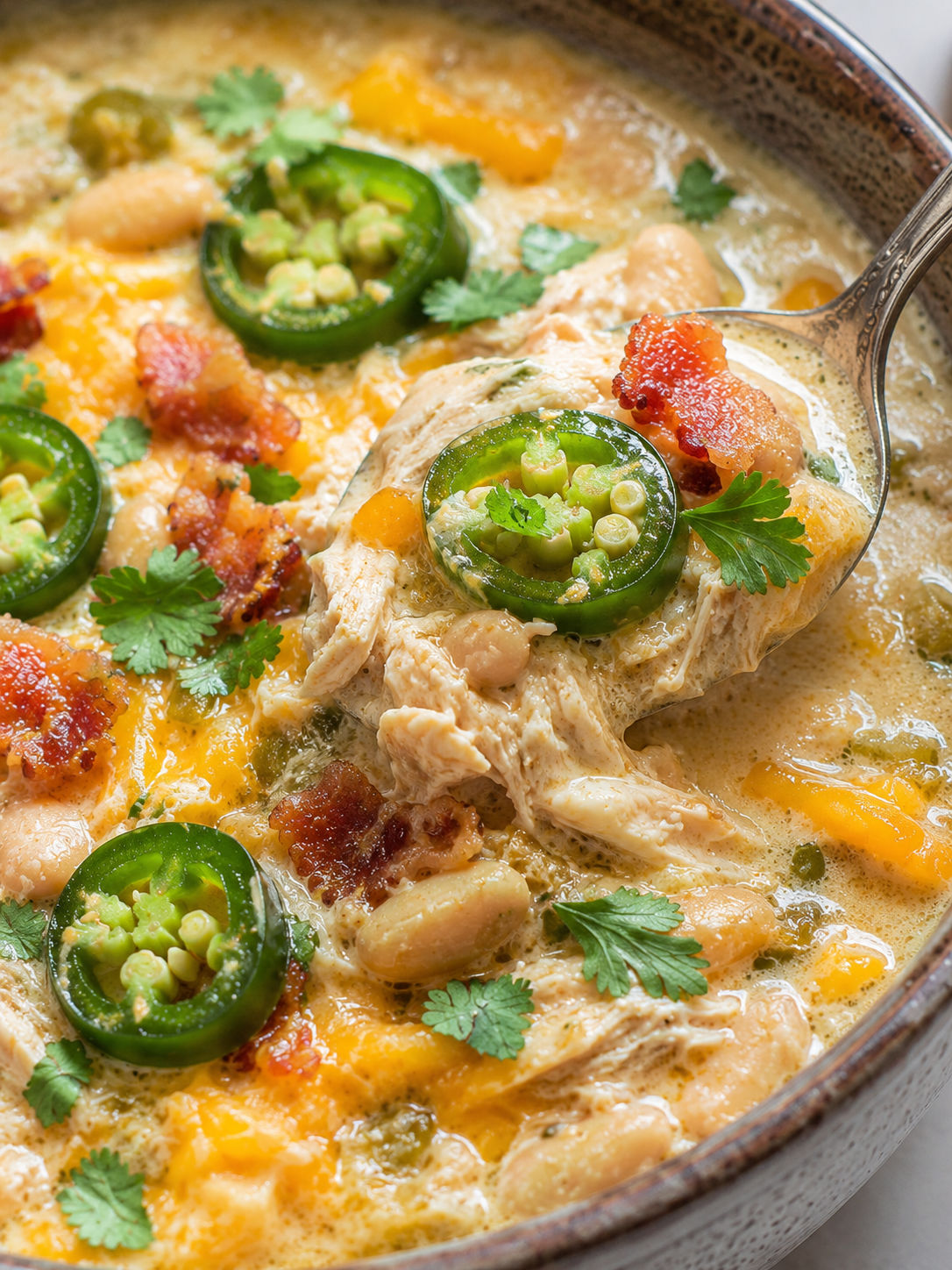 Chicken Jalapeño Popper Chili, plated and served