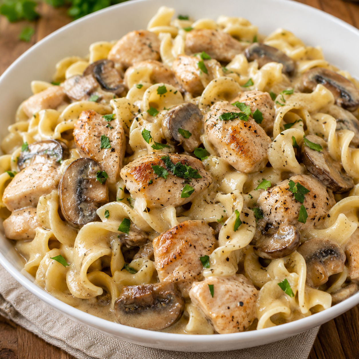 Chicken Mushroom Stroganoff with egg noodles, mushrooms, and parsley